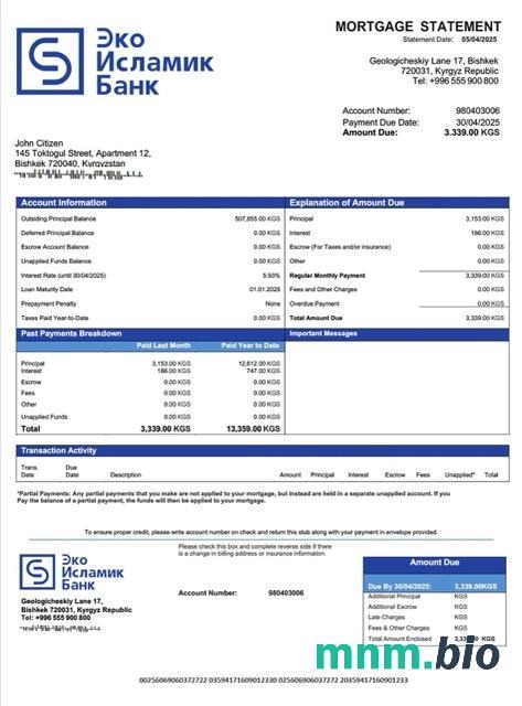 Kirgistan Bank EcoIslamski wyciąg z kredytu hipotecznego szablon Word i PDF